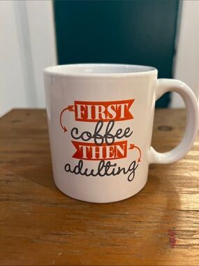 Royal Norfolk White Mug “First coffee then adulting”